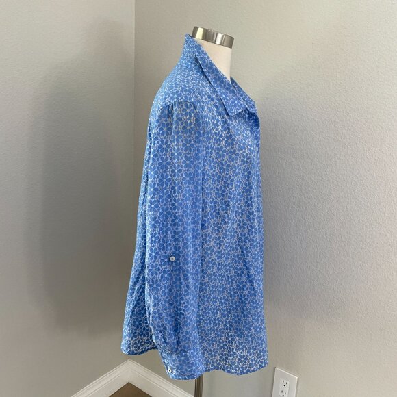 Tommy Hilfiger Womens Plus IX Blue Button Up Sheer Shirt Long Sleeve Blouse Top - Picture 3 of 12